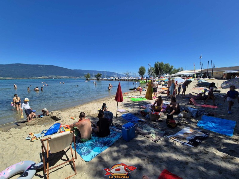 partie centrale de la plage des Vikings. Plage et base nautique, les Vikings, Yvonand, lac de Neuchâtel.