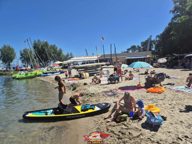 côté ouest de la plage des Vikings. Plage et base nautique, les Vikings, Yvonand, lac de Neuchâtel.