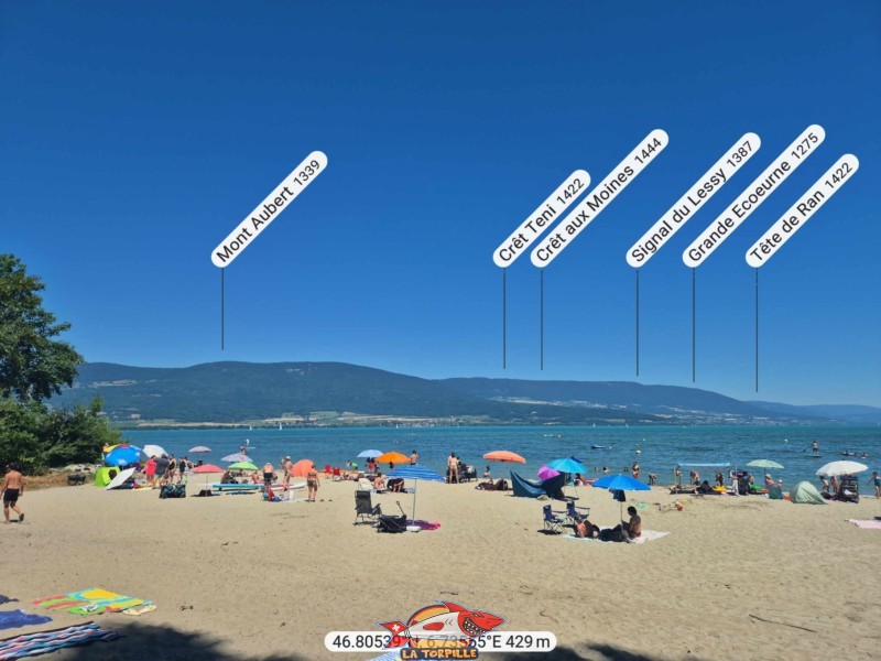 Le panorama, direction nord, depuis la plage des Pins. Le Mont Aubert, Crêt Teni et Crêt aux Moines.