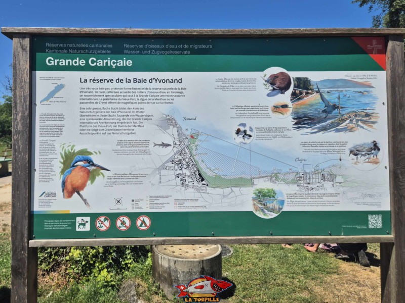 Un panneau qui montre le positionnement de la plage des Pins à l'ouest de la réserve de la Baie d'Yvonand.