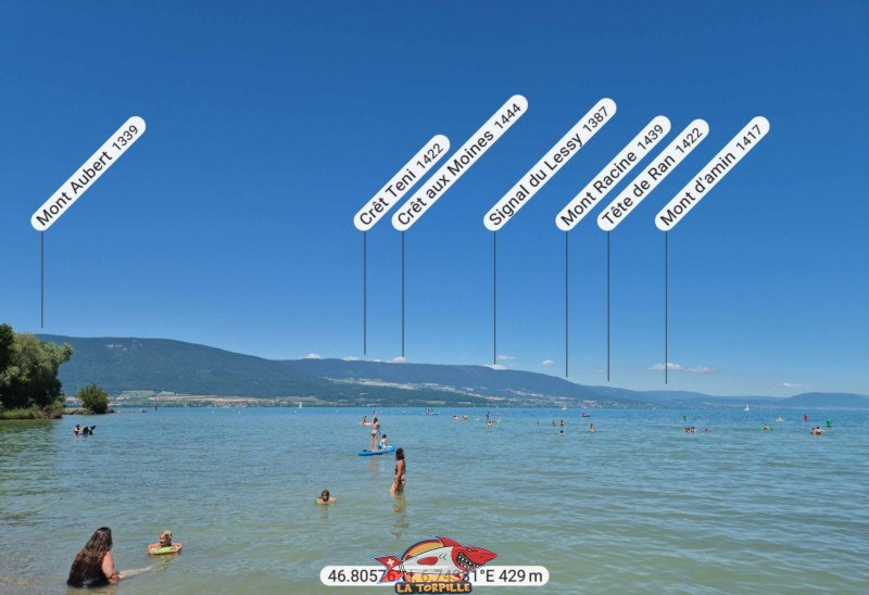 Le panorama, direction nord, depuis la plage de Goncerut. Crêt Teni, Crêt aux Moines, Signal du Lessy.