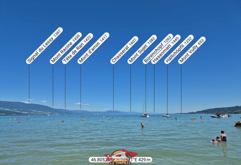 Le panorama, direction nord-est, depuis la plage de Goncerut. Mont Racine, Tête de Ran, Chasseral, Mont Sujet