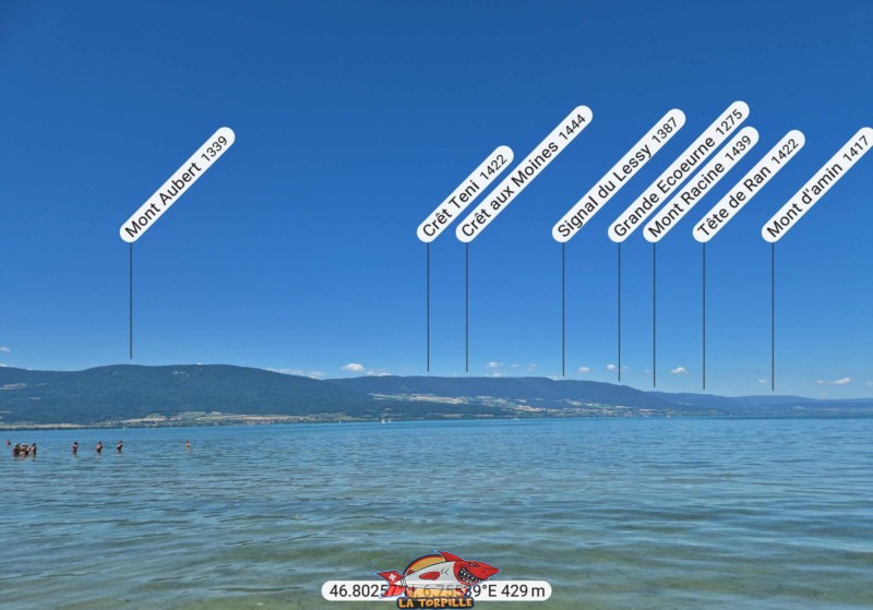 Le panorama, direction nord, depuis la plage de la Petite Amerique d'Yvonand. Crêt Teni, Crêt aux Moines.