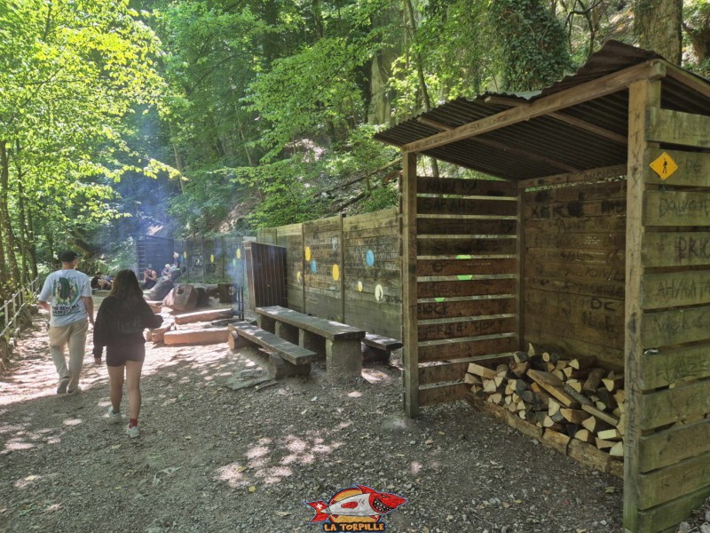 Les très belles places de barbecue juste après l'usine hydroélectrique. Les gorges du Taubenloch. Bienne.