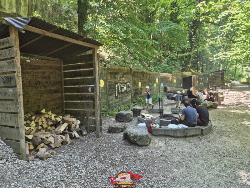 Les très belles places de barbecue juste après l'usine hydroélectrique. Les gorges du Taubenloch. Bienne.