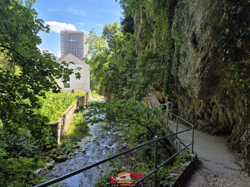 L'arrivée dans la ville de Bienne avec les premiers bâtiments. Les gorges du Taubenloch. Bienne.