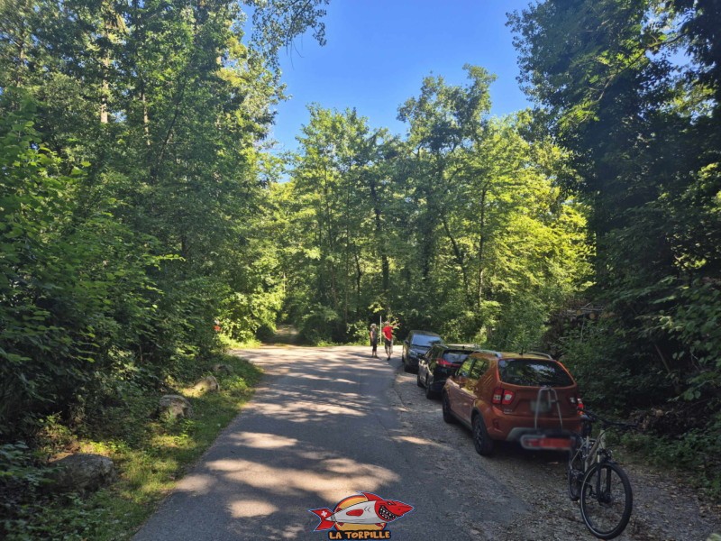 Quelques places de parking gratuites se trouvent à l'angle entre le chemin des lacustres qui suit le bord du lac et le chemin du lac. Plage de Font I, Grande Cariçaie, Estavayer, Lac de Neuchâtel.