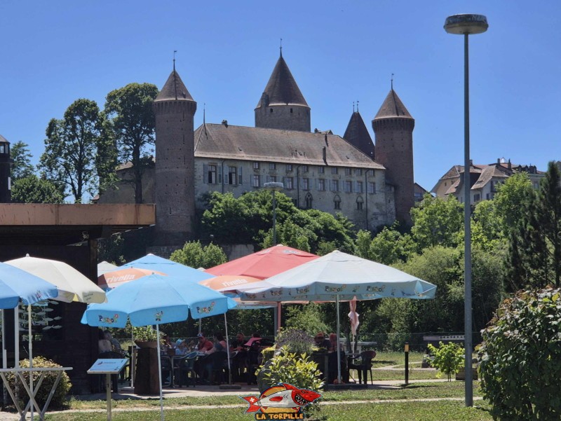 Le château de Chenaux depuis le minigolf de la Rose. Estavayer-le-LAc.
