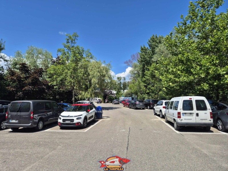 Les places de parking le long du chemin de la Grande Gouille. Nouvelle plage d'Estavayer.