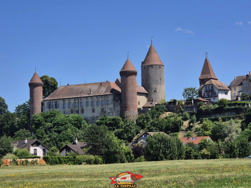 La vue depuis l'ouest sur le château de Chenaux. Cette zone est recouverte par de l'eau jusqu'à la correction des eaux du Jura à la fin du 19e siècle. La vue depuis l'ouest sur le château de Chenaux. Cette zone est recouverte par de l'eau jusqu'à la correction des eaux du Jura à la fin du 19e siècle.