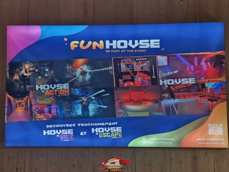 Un panneau des activités de Fun House. Fun House, Forum Fribourg, Granges-Paccot. Un panneau des activités de Fun House. Fun House, Forum Fribourg, Granges-Paccot.