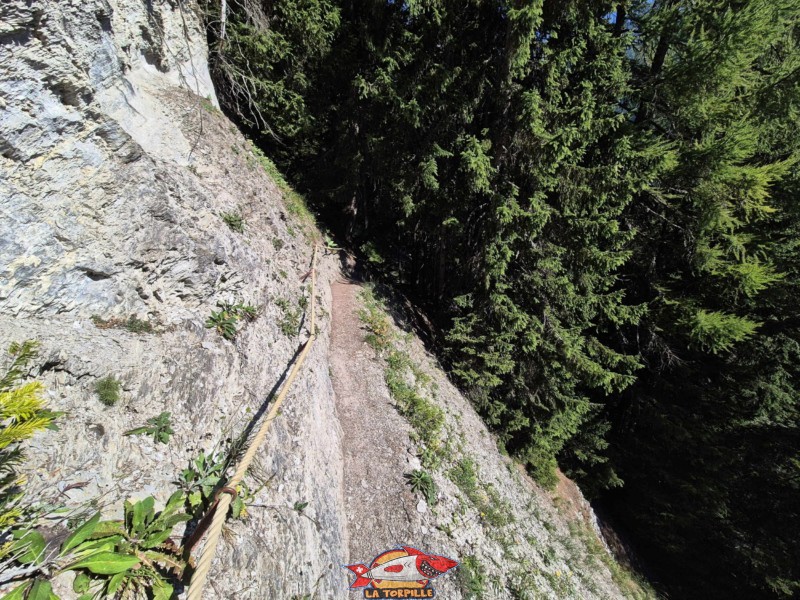 Un passage le long d'un ravin. Accès depuis la Crêta d'Asse à Aminona, cascade du Pichiour, crans-Montana.