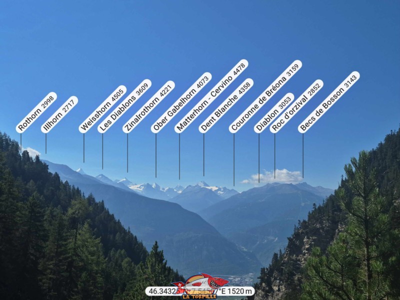 Le magnifique panorama, direction sud, sur les grands sommets du val d'Anniviers et le Cervin.