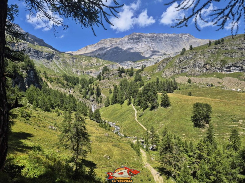 Vallon de la Tièche. Le magnifique vallon de la Tièche. En arrière-plan, la barre rocheuse dominée par Les Faverges. Randonnée au bisse du Tsittoret, Crans-Montana, Valais central.