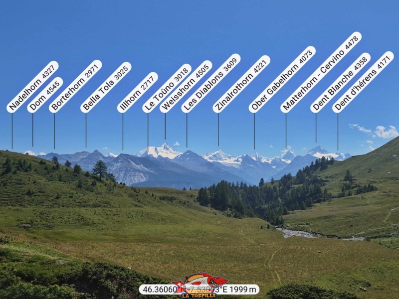 La vue direction sud depuis la cascade de la Tièche. De gauche à droite, le Dom des Mischabel, le Weisshorn, le Zinalrothorn, le Cervin et la Dent Blanche. La vue direction sud depuis la cascade de la Tièche. De gauche à droite, le Dom des Mischabel, le Weisshorn, le Zinalrothorn, le Cervin et la Dent Blanche.