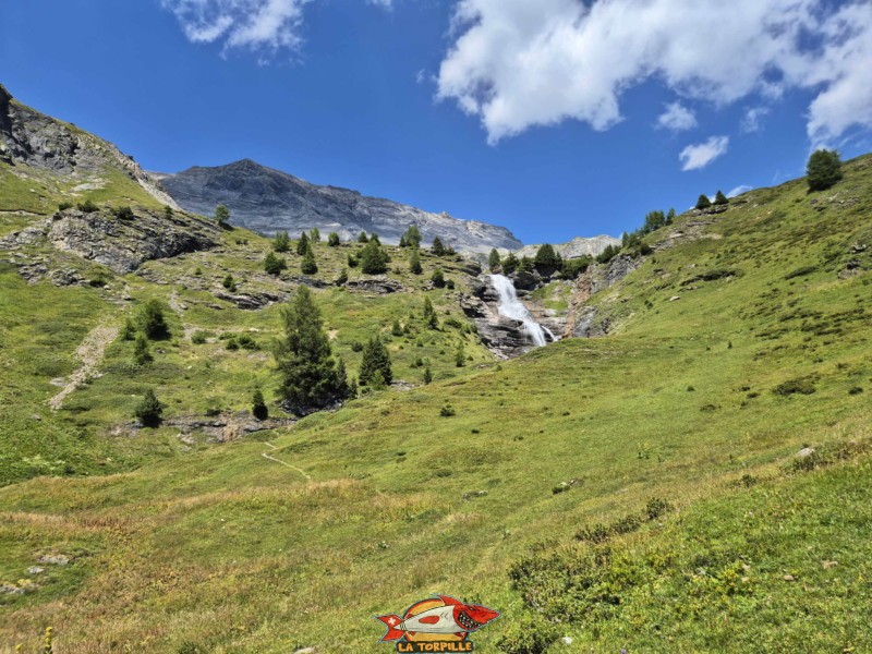 Depuis la prise d'eau du bisse sur la Tièche, on monte sur la droite dans les pâturages. Cascade de la Tièche, Crans-Montana.