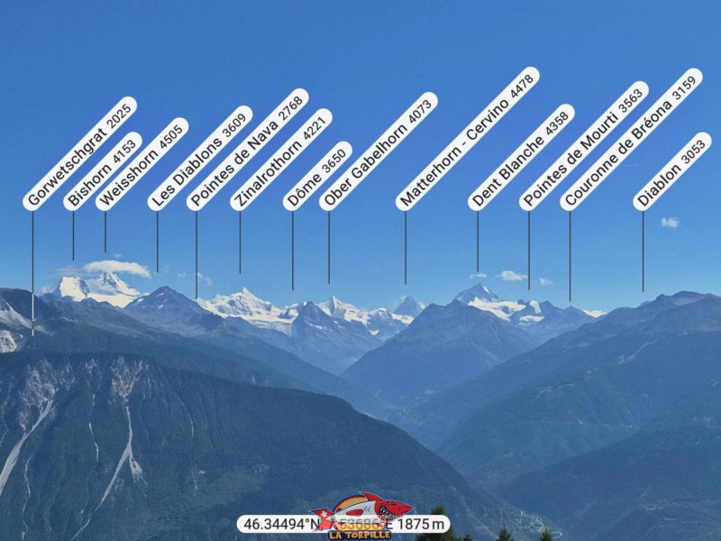 Le zoom sur le val d'Anniviers. Les principaux sommets visibles sont de gauche à droite : Bishorn - Weisshorn - Zinalrothorn -  Cervin (Matterhorn) - Dent Blanche. Le Grand Combin se trouve plus à droite, hors de la photo.