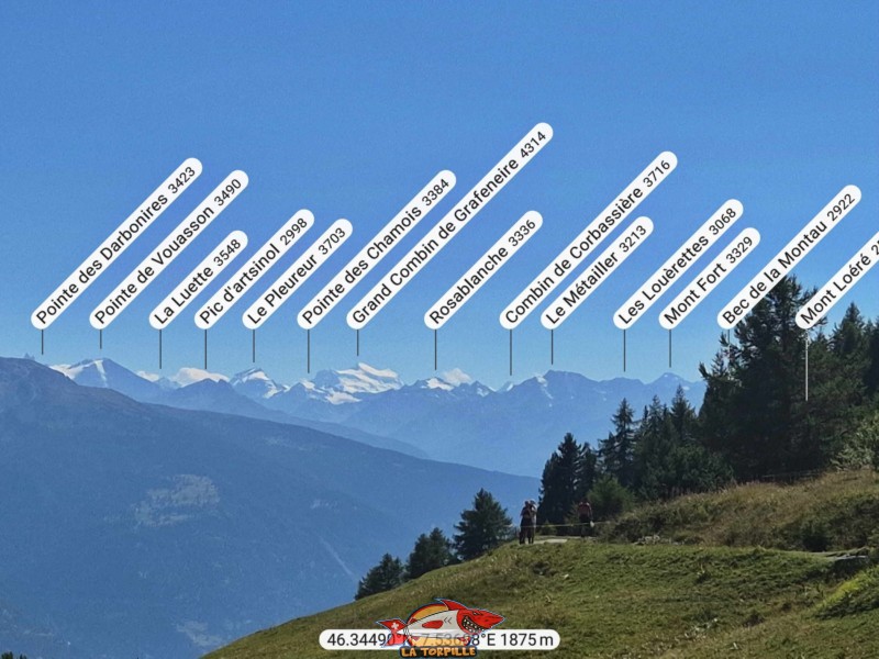 La vue direction sud-sud-ouest vers le Grand Combin avec son sommet plat bien reconnaissable.