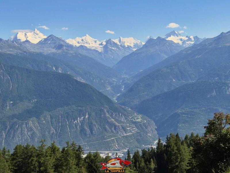 Le zoom sur le val d'Anniviers. Les principaux sommets visibles sont de gauche à droite : Bishorn - Weisshorn - Zinalrothorn -  Cervin (Matterhorn) - Dent Blanche. Le Grand Combin se trouve plus à droite, hors de la photo. Randonnée au bisse du Tsittoret, Crans-Montana, Valais central.