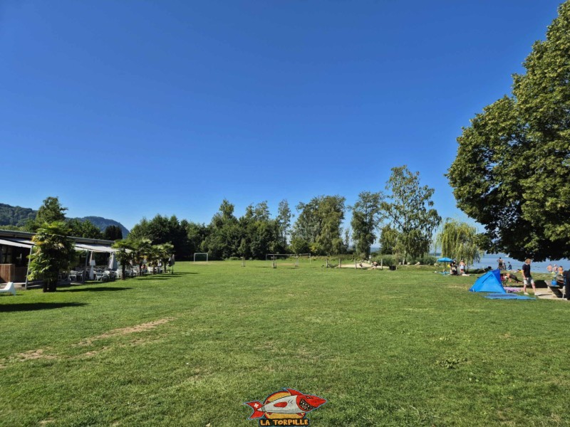 Une grande zone de pelouse est disponible pour les baigneurs. Plage de Cheyres, Canton de Fribourg, lac de Neuchâtel.