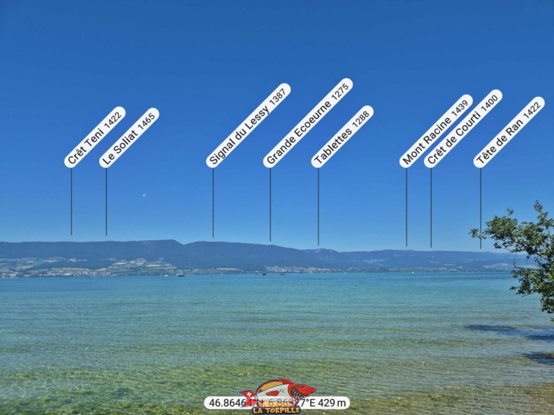 La vue direction nord-ouest depuis la plage de la Corbière. Crêt Teni, Grande Ecoeurne, Mont Racine, Tête de Ran. La vue direction nord-ouest depuis la plage de la Corbière. Crêt Teni, Grande Ecoeurne, Mont Racine, Tête de Ran.