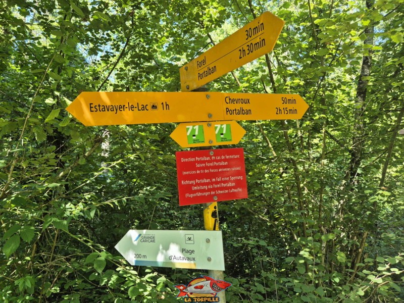 Un panneau sur le chemin du bord du lac à la hauteur de la plage d'Autavaux. Forel se trouve à 30 minutes de marche, Chevroux à 50 min et Estavayer-le-Lac 1 h.. Plage d'Autavaux, commune d'Estavayer. Un panneau sur le chemin du bord du lac à la hauteur de la plage d'Autavaux. Forel se trouve à 30 minutes de marche, Chevroux à 50 min et Estavayer-le-Lac 1 h.. Plage d'Autavaux, commune d'Estavayer.