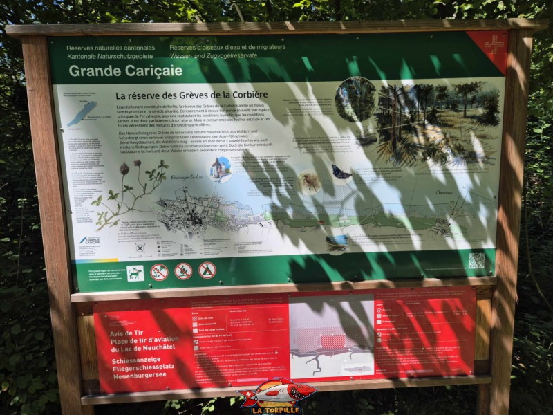 Un panneau sur la Grande Cariçaie, ici les zones autorisées ou pas à la baignade dans la zone spécifique de la réserve des Grèves de la Corbière.. Plage d'Autavaux, commune d'Estavayer. Un panneau sur la Grande Cariçaie, ici les zones autorisées ou pas à la baignade dans la zone spécifique de la réserve des Grèves de la Corbière.. Plage d'Autavaux, commune d'Estavayer.