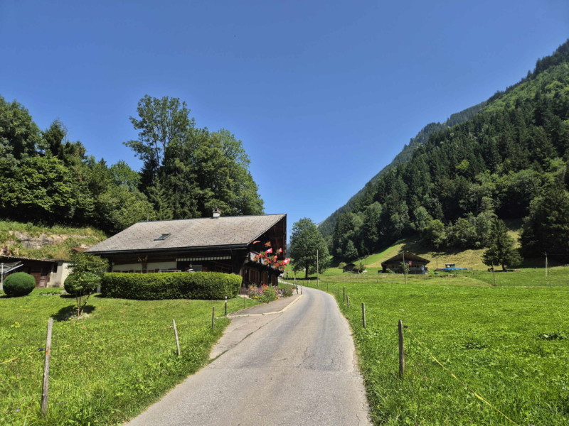 La montée le long de la route des Rives. Balade par la Galerie Défago, Champéry, Val d'Illiez.