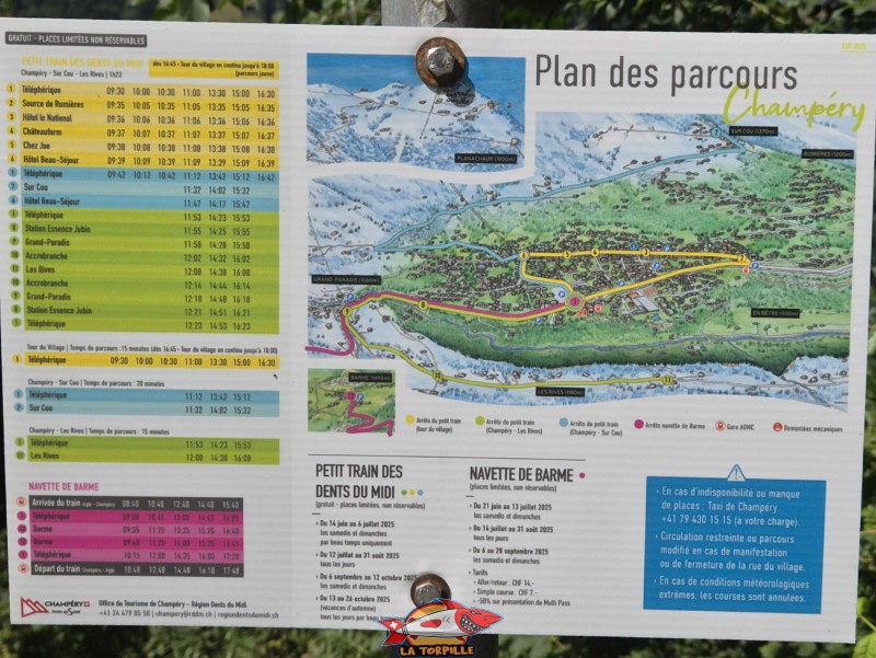  Le plan et l'horaire du petit train, gratuit en été. Balade par la Galerie Défago, Champéry, Val d'Illiez.