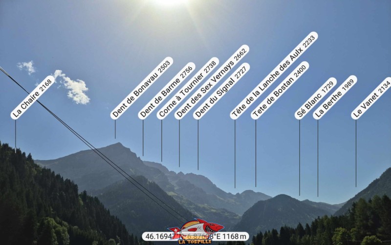 La vue direction sud-ouest depuis le chemin des Rives. Dent de Bonavau, Dent de Barme, Dent du Signal.