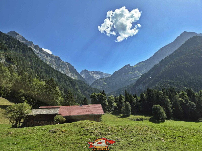La vue sur la droite en direction du sud. La vallée de la Saufla et le Mont Ruan. Balade par la Galerie Défago, Champéry, Val d'Illiez.