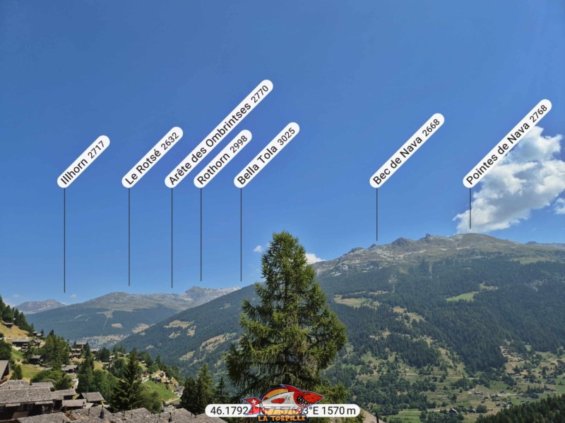 La vue direction nord-est depuis le parvis de l'église de Grimentz. La vue direction nord-est depuis le parvis de l'église de Grimentz.