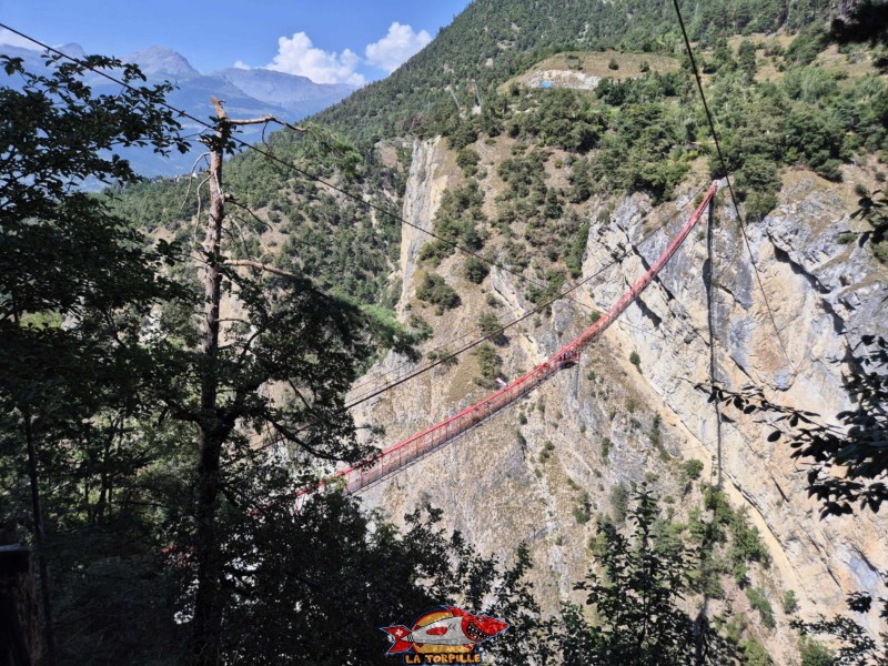 Bungy Niouc, tyrolienne. Pont Suspendu de Niouc, val d'Anniviers. La vue sur la passerelle depuis la zone d'arrivée de la tyrolienne.
