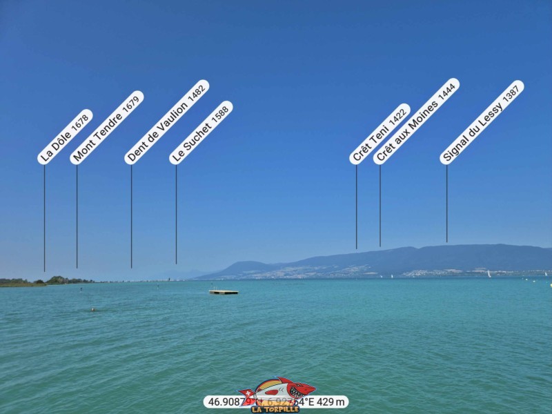 La vue direction sud-ouest depuis la plage de Gletterens. Mont Tendre, Dent de Vaulion, le Suchet.