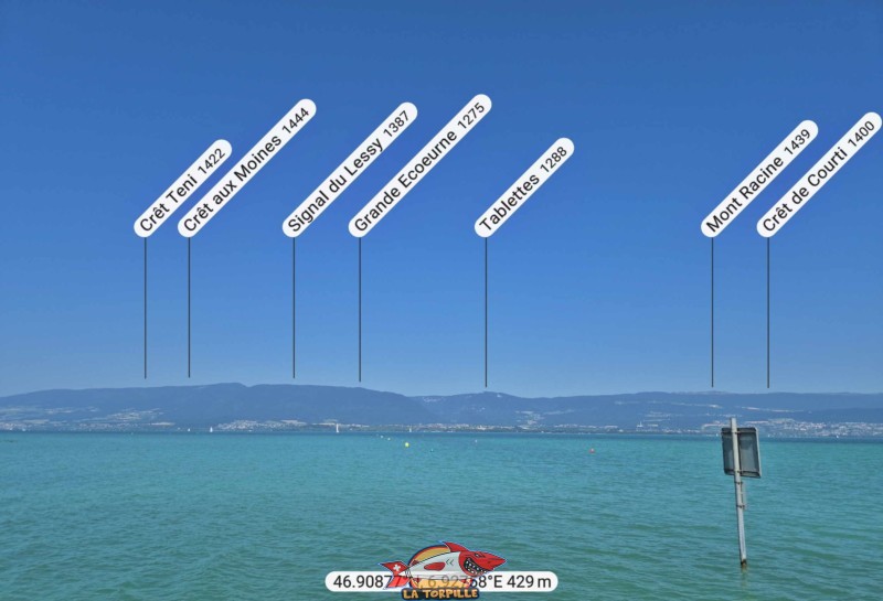 La vue direction nord-ouest depuis la plage de Gletterens. Signal du Lessy, Grande Ecoeurne, Tablettes.