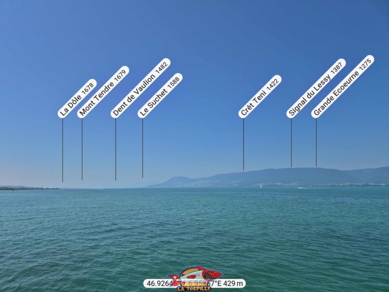 Le panorama direction sud-ouest depuis le débarcadère de Portalban. Mont Tendre, Dent de Vaulion, Le Suchet.