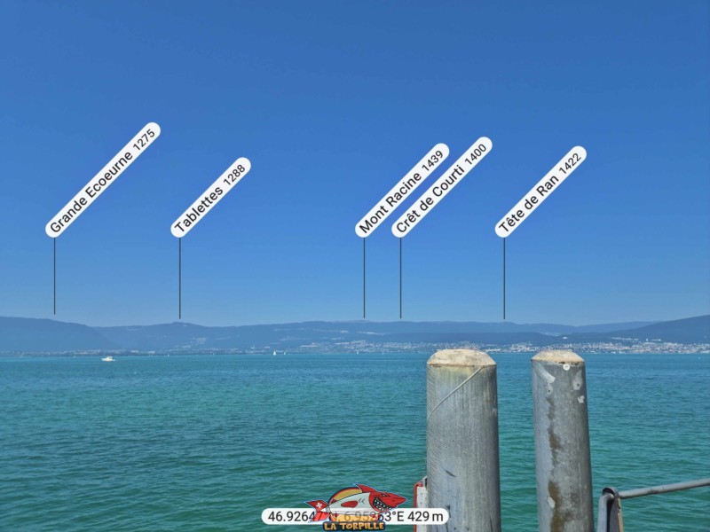 Le panorama direction nord-ouest depuis le débarcadère de Portalban. Tablettes, Mont Racine.