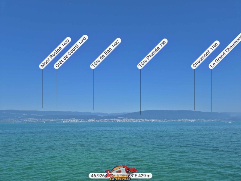 Le panorama direction nord depuis le débarcadère de Portalban. Tête de Ran, Tête Plumée.