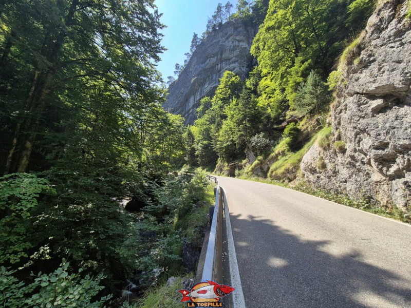La montée le long de la route du tunnel jusqu'au sommet des gorges du Pichoux.