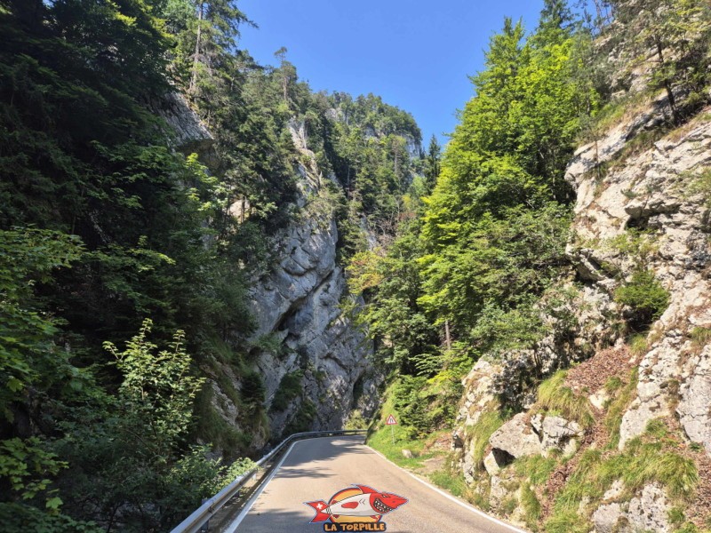 La descente, le long de la route, du sommet des gorges jusqu'au tunnel.