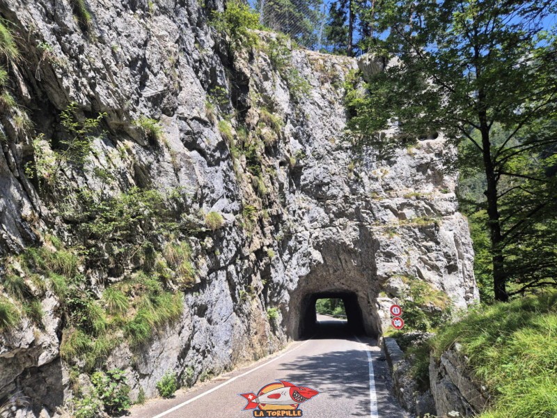 La descente, le long de la route, du sommet des gorges jusqu'au tunnel.
