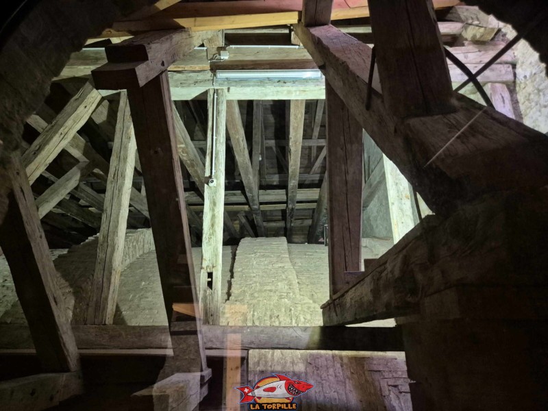 La vue sur la charpente entre les deux tours depuis la tour nord. Abbatiale. L'abbaye de Bellelay, Commune de Saicourt, Jura bernois.
