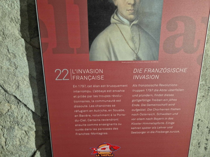 Un des panneaux didactiques dans la tour nord. Abbatiale. L'abbaye de Bellelay, Commune de Saicourt, Jura bernois.