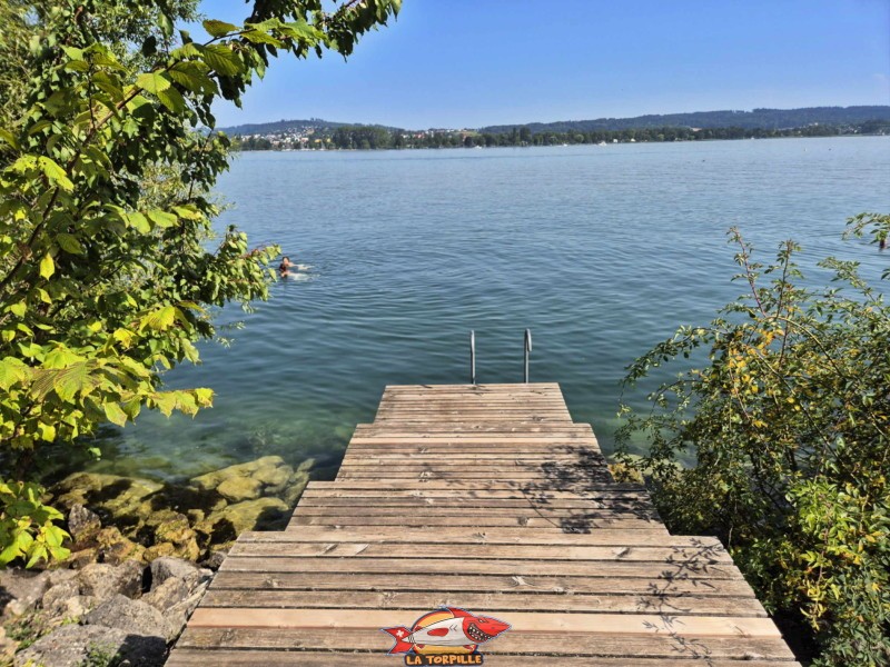 Plusieurs pontons en bois munis d'une échelle permettent d'accéder au lac facilement.