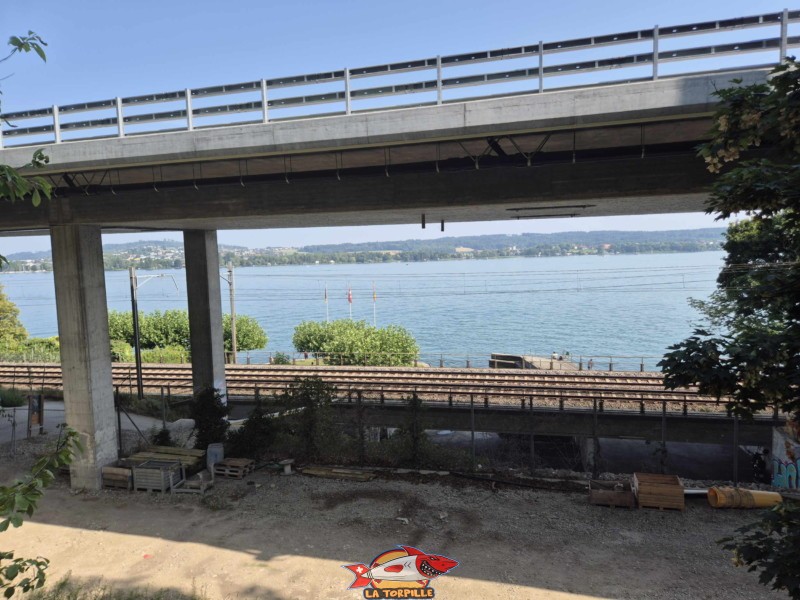 La route et le chemin de fer au-dessus de la plage et du port d'Alfermée. Plage du Port Alfermée, Douanne-Daucher, Twann-Tüscherz.
