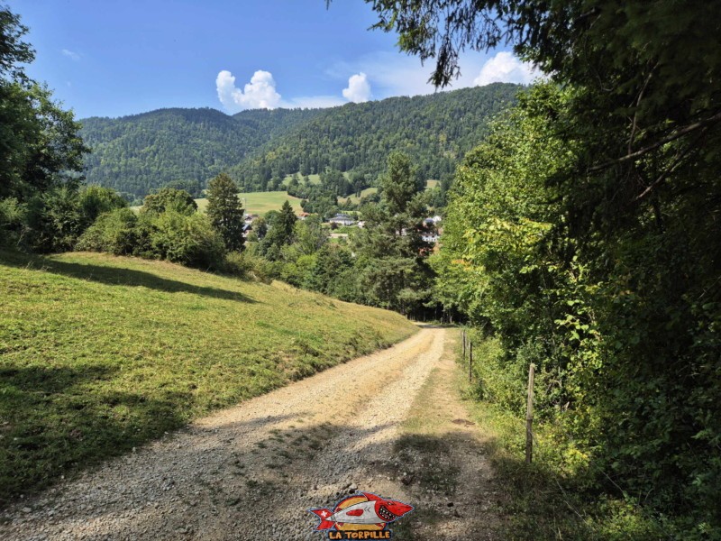 La route en graviers en direction du village de Perrefitte. La redescente par le pâturage de Moron avec la vue sur la ville de Moutier.