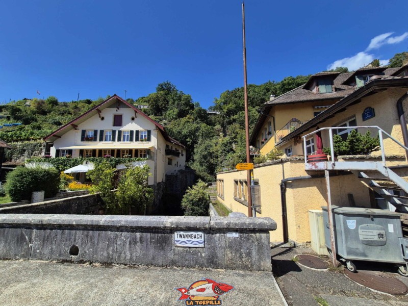 La vue sur la rivière Douanne (Twannbach) et, au milieu de la page, le pont en pierre.