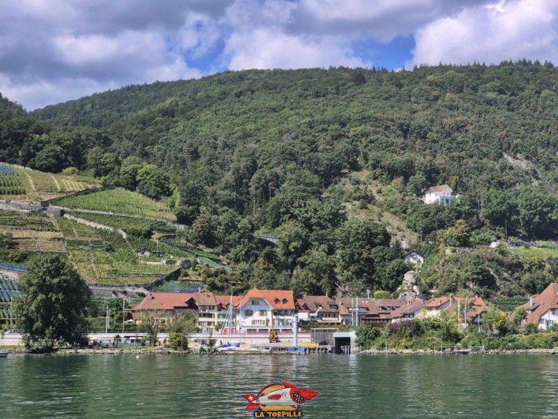 La trouée des gorges de Douanne avec le village de Chlyne Twann. Au milieu de l'image, on distingue le pont en pierre au bas du sentier des gorges.