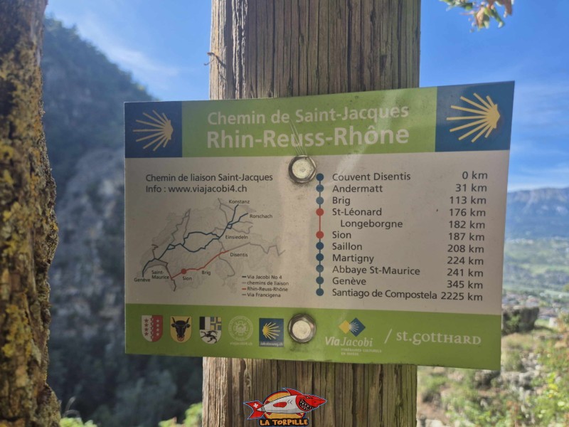 Un panneau qui indique le site de Longeborgne se trouve sur le chemin de Saint-Jacques de Compostelle depuis le couvent de Disentis.