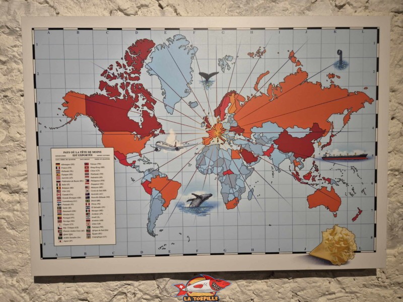 Étage Est. Une carte qui montre les pays vers lesquels la Tête de Moine est exportée. La Maison de la Tête de Moine, Bellelay, Jura bernois. Étage Est. Une carte qui montre les pays vers lesquels la Tête de Moine est exportée. La Maison de la Tête de Moine, Bellelay, Jura bernois.